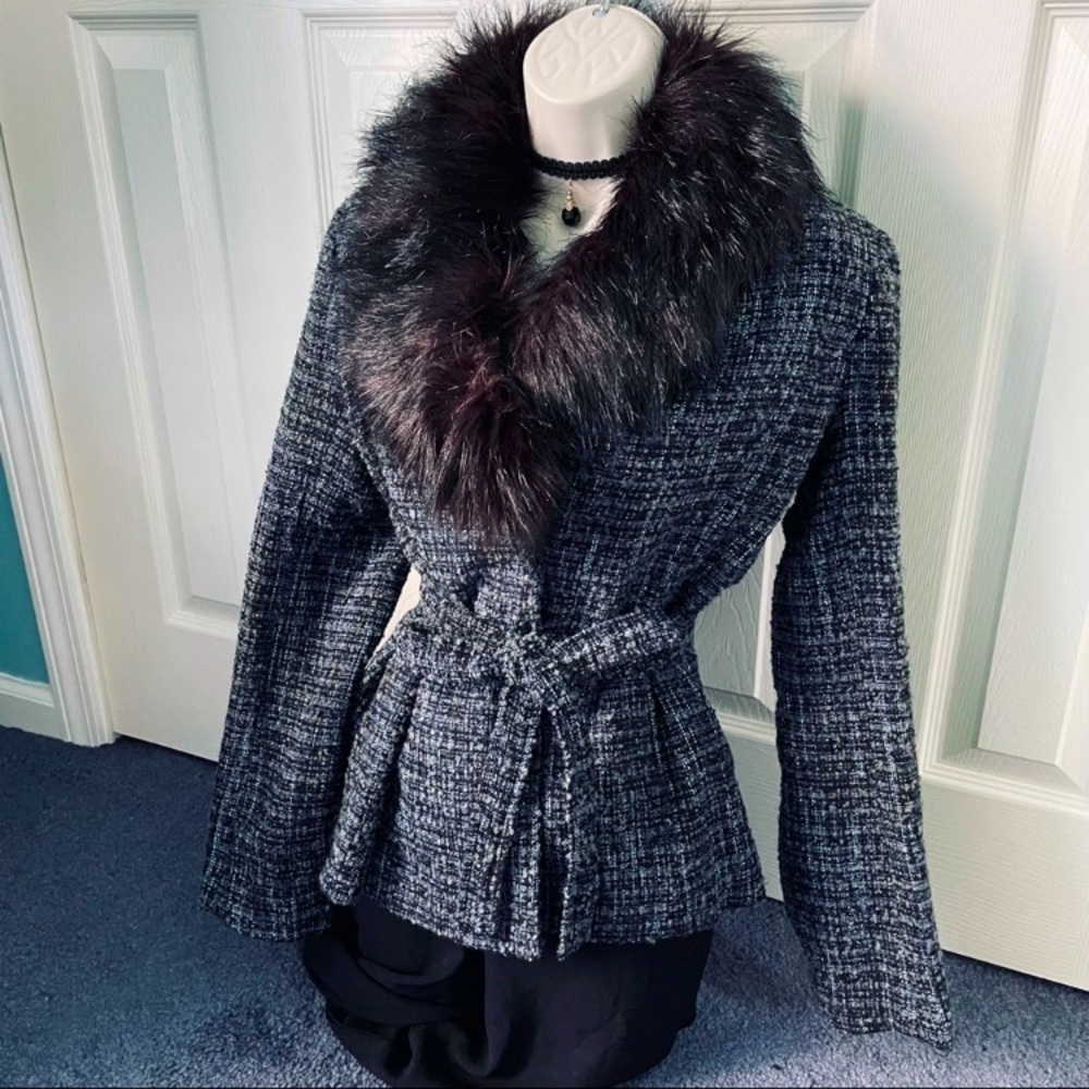 Vintage 90s Y2K tweed belted jacket coat w black fur shawl collar